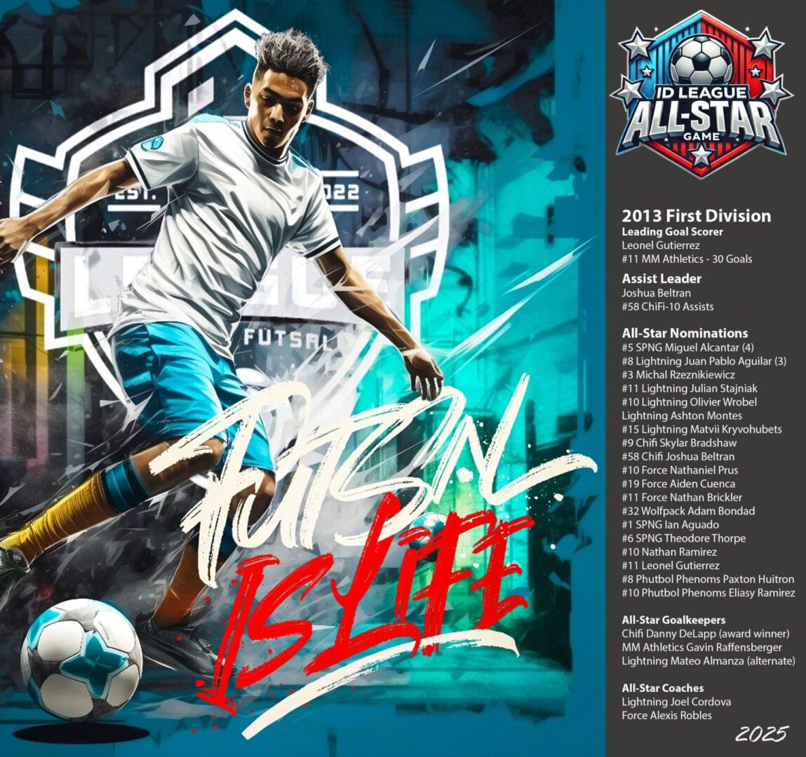 Soccer player with colorful graphics and text.